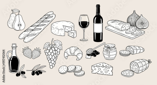 A culinary scene featuring various cheeses, wine, and food on a table indoors.