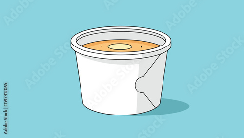 Simple graphic illustration of a steaming cup of hot soup or oatmeal porridge in a white container on a blue background.