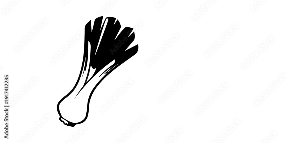 Obraz premium Silhouette of a green onion with roots on a black background scallion spring onion