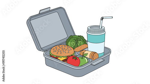 Open lunch box containing a healthy meal with a hamburger fresh vegetables fruit and a drink for school or work.