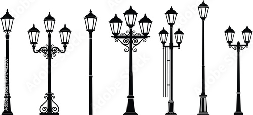 Vintage street lamp silhouette set, ornate lantern posts decorative outdoor lighting vector illustration isolated on white