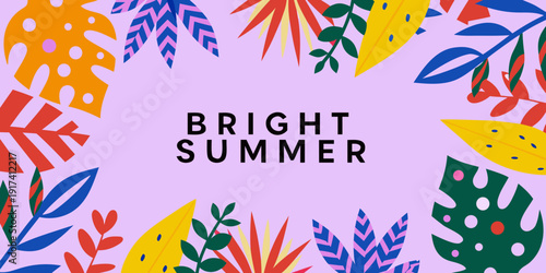 Colorful tropical leaves and bright summer text on a lilac background