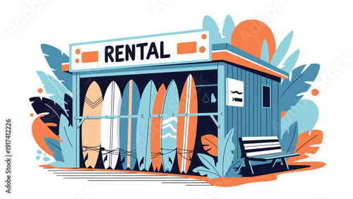 Vibrant illustration of a beach surfboard rental shop with various colorful boards lined up near tropical palm leaves.