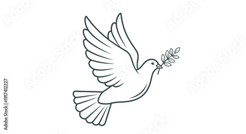 A dove flies with an olive branch in its beak outdoors freely.