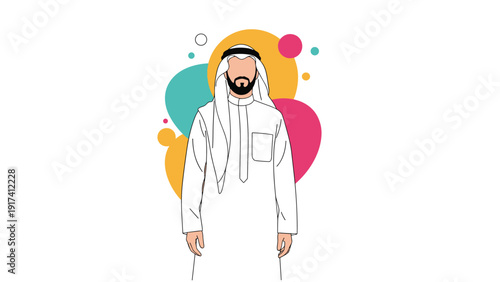 Portrait of a middle eastern man in traditional white clothing standing against a vibrant background of colorful circles.