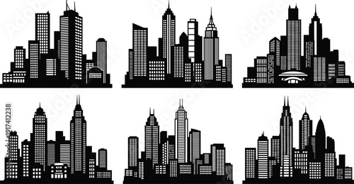 Urban city skyline silhouette collection, modern skyscraper building set, black metropolitan cityscape vector illustration isolated on white background