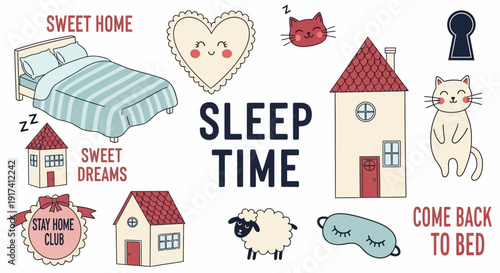 A cozy bedroom scene with a bed, house, cat, and sheep at sleep time