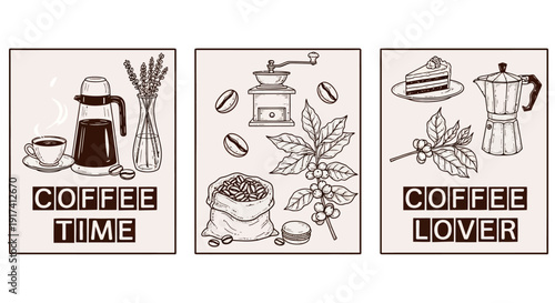 Coffee Time Illustrations Featuring Coffee Makers, Beans, and Leaves