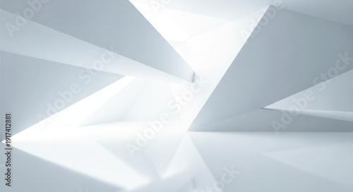 Abstract geometry with overlapping white triangular shapes, creating a sense of depth and light interplay. The minimalistic design feels serene and futuristic.