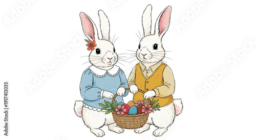 Two rabbits hold colorful eggs basket with flowers in hands