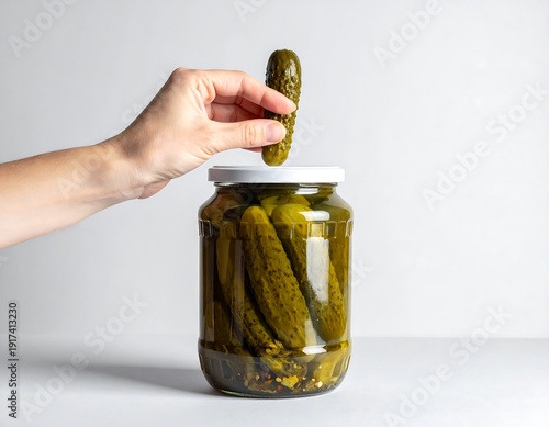 Hand lifts a pickle from a jar filled with fermented cucumbers