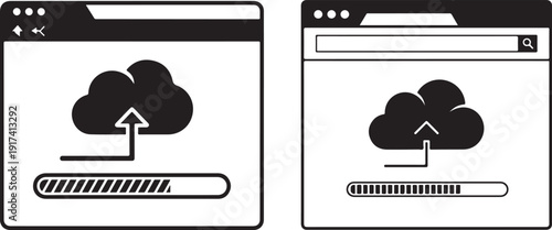 Cloud upload progress bar icons displayed within web browser windows for data synchronization and file transfer concepts illustrating modern internet technology use