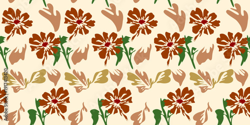 Elegant vintage floral vector illustration featuring a seamless pattern with autumn leaves and summer flowers for nature-inspired textile decoration and wallpaper design