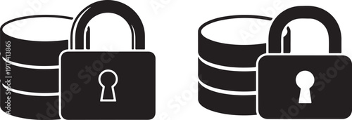 Database security icons showing server storage cylinders protected by large padlocks symbolizing encrypted data protection and server information safety measures