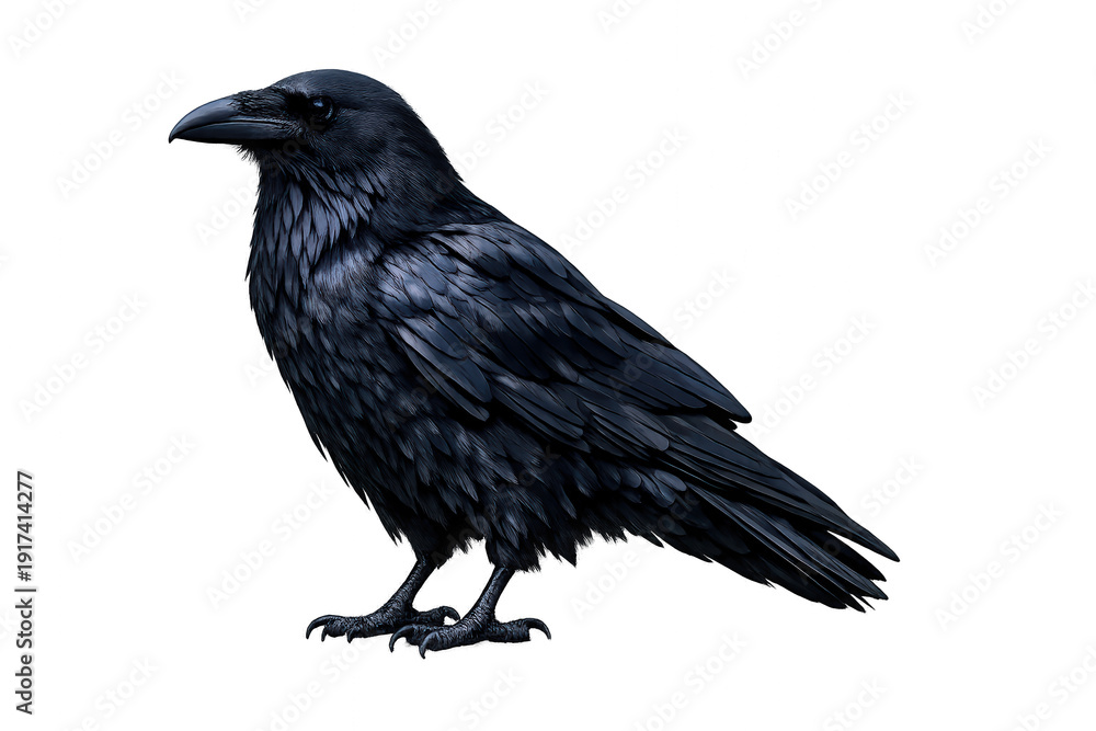 Obraz premium Black common raven standing, featuring detailed feathers and intelligent eyes, isolated on transparent background