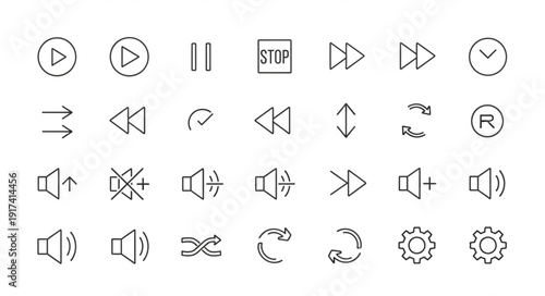 Collection of outline icons for media player controls and settings.
