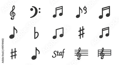 Collection of Musical Notes and Symbols on White Background.