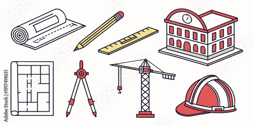 Assorted construction and architectural tools and equipment