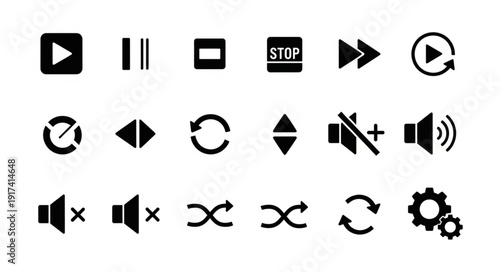 Collection of black media player icons on white background.