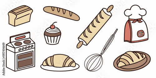 Assorted bakery items and tools displayed on a white background