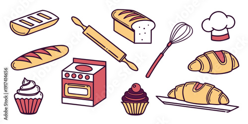 Assorted bakery items and tools arranged on a white background