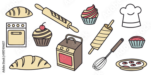 Assorted baked goods and baking utensils displayed in a delightful arrangement.