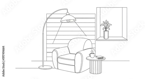 Cozy armchair with floor lamp and side table sketch.