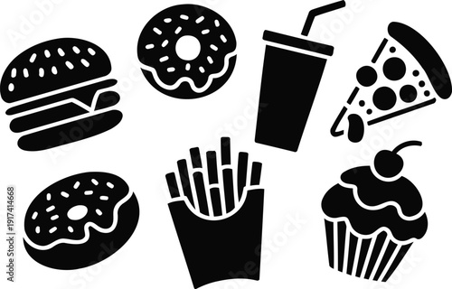 Minimal fast food silhouette set with burger, fries, pizza, and drink symbol, clean design ideal for restaurant logos, menus, takeaway and food apps