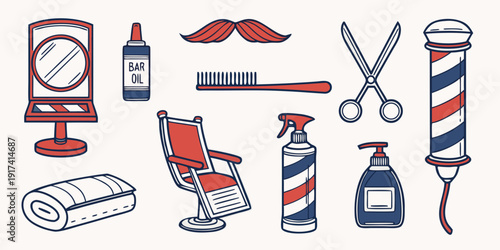 A variety of barber tools and accessories arranged neatly on a white background
