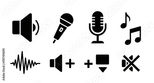 Collection of audio and music icons for sound and recording.