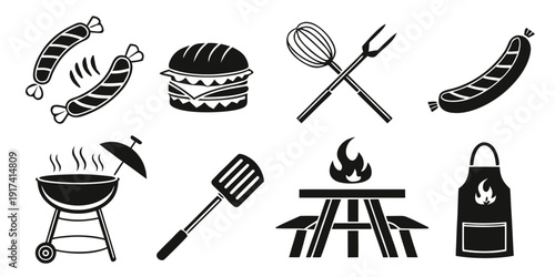 A variety of grilled foods and cooking utensils on a barbecue grill