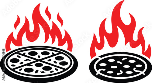 Pizza with flame symbol representing hot and fresh fast food concept, clean minimal design, perfect for restaurant branding, menus and delivery visuals
