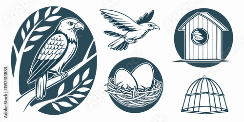 A collection of various birdhouses and a bird in flight.