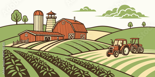 A picturesque rural landscape with a red barn and farmhouses surrounded by fields and trees.