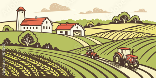 A picturesque countryside scene with a farmhouse and rolling hills under a clear blue sky