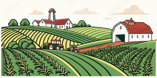 A picturesque landscape of a farm with a church and a house in the background.