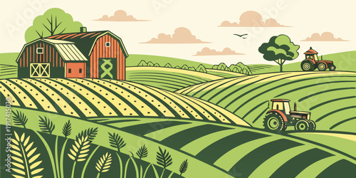 A picturesque countryside landscape with rolling green hills and charming houses