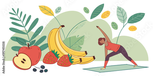 A vibrant illustration of various fruits and vegetables with a watering can and gardening tools