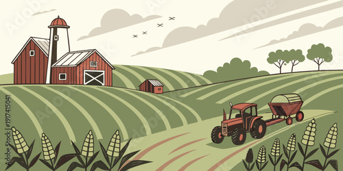 A picturesque farm scene with a red barn and rolling green fields under a blue sky.