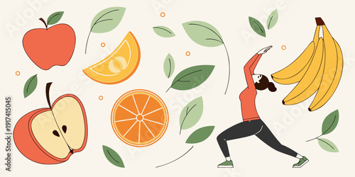 A person doing yoga surrounded by a variety of fruits and leaves