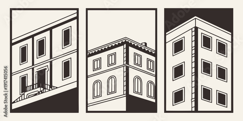 Three distinct architectural styles of buildings showcased in a single image