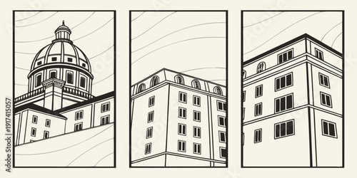 Three distinct architectural structures showcasing diverse design elements and styles.