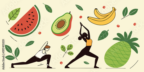 A person doing yoga surrounded by various tropical fruits and plants