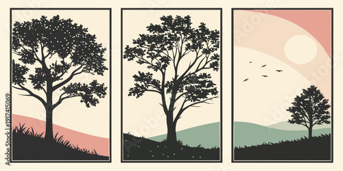 A serene landscape with trees and a sunset in three distinct panels