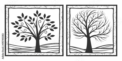 Two identical trees framed in a serene landscape, symbolizing unity and reflection.