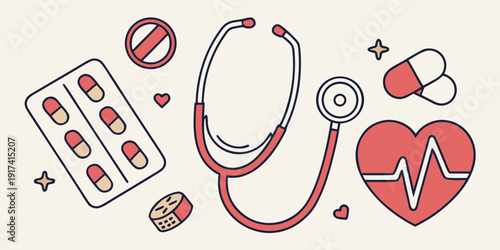 Medical equipment and symbols representing healthcare and medicine