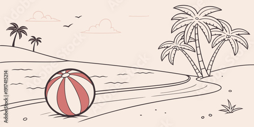 A vibrant beach scene with a red and white beach ball in the foreground