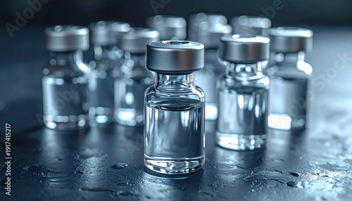 Clear glass vials filled with liquid, ready for pharmaceutical injection and medical treatment