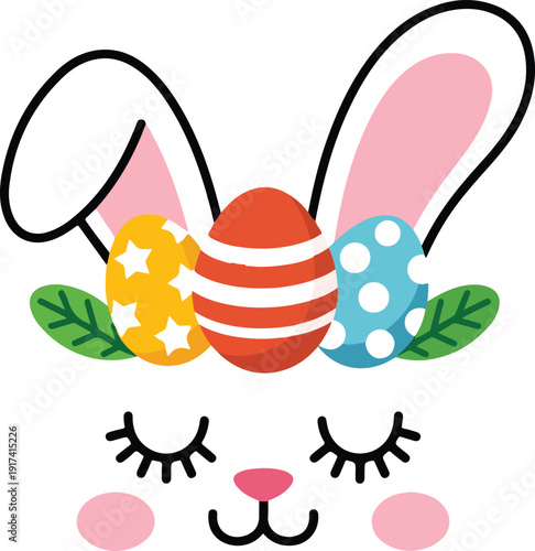 Cute Easter Bunny Face with Painted Eggs and Ears