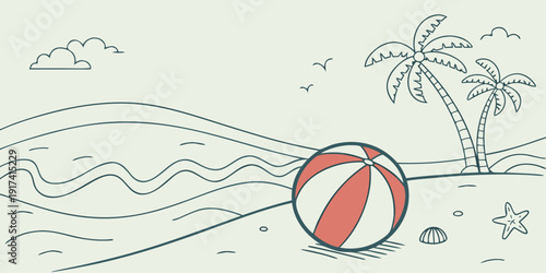 A serene beach scene with a beach ball and palm trees under a clear sky